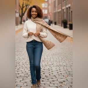Neckworks Beige & Brown Floral Jacquard Scarf - 66" Long
